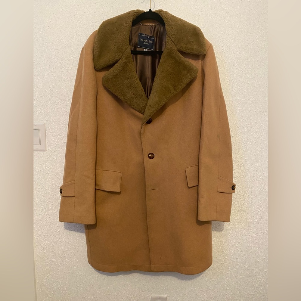 VINTAGE Tan wool Faux Fur Lined Coat JC Penny The Mens Shop Size 40 long